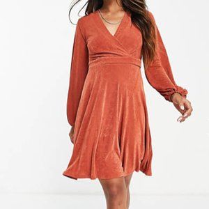 Closet London bell sleeve wrap mini dress in cinnamon